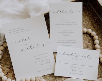 Classy Wedding Invitation Suite, Minimalist Wedding Invite Set, Calligraphy Script, Printable Template, DIY Editable Instant Download- SS017