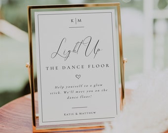 Light Up The Dance Floor Wedding Sign, Let Love Glow, Glow Stick Sign Template, Wedding Monogram, Modern Minimalist, Instant Download- SS003