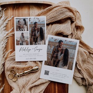 Könnte beinhalten: Save the date Hochzeitsankündigung mit einer Collage von Fotos des Paares. Die Ankündigung ist weiß mit schwarzem Text und lautet "Save the Date", "The Date", "Madelyn + Sawyer", "Are Getting Married!" und "June 7, 2023 | Kansas City, Missouri".