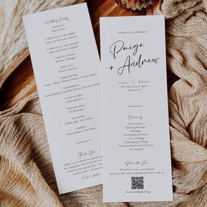 May include: Two white wedding programs with black text. One program lists the wedding party, and the other welcomes guests to Paige and Andrew's wedding on June 7, 202X, in Kansas City. A QR code is included.