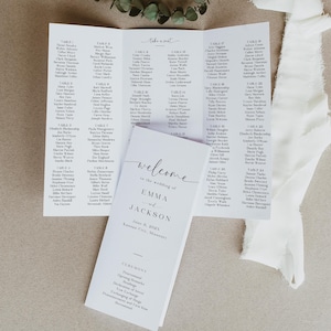 May include: A wedding seating chart with a welcome sign for Emma and Jackson's wedding on June 6, 2023 in Kansas City, Missouri. The chart lists tables with guest names and table numbers.