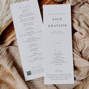 May include: Wedding ceremony program with the names Zoie and Grayson, the date June 17, 2023, and the location Kansas City, Missouri. The program lists the officiant, wedding party, and ceremony order.