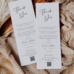 Wedding Thank You Cards QR code Template, Thank You Place Card, Minimalist Napkin Note, Guest Photo Sharing, Editable Instant Download SS015