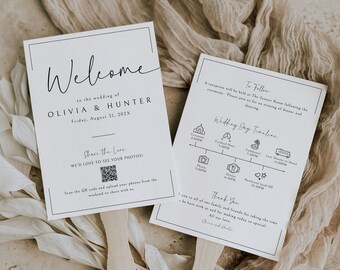 May include: A white wedding welcome sign with black text. The sign says "Welcome to the wedding of Olivia & Hunter Friday, August 31, 202X".  The sign also has a QR code and the text "Share the Love We'd love to see your photos! Scan the QR code and upload your photos from the weekend to share with us."