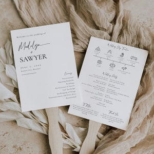 May include: A wedding ceremony programme fan with a white background and black text. The fan features a timeline of the wedding day events, including the ceremony, cocktail hour, dinner, and reception. The programme also includes a list of the wedding party members.