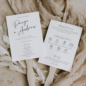 May include: Wedding ceremony programme fans with a white background and black text. The fans feature a wedding timeline, unplugged ceremony request, and a thank you message from the couple, Paige and Andrew.