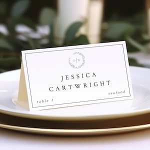 Place Card With Meal Option, Wedding Place Card Meal Choice, Monogram Crest, Modern Minimalist Reception Template, Instant Download- SS007