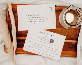 Wedding QR code RSVP Postcard, Invitation Acceptance Template With Meal Choices, Wedding Response Website, Editable Instant Download- SS006