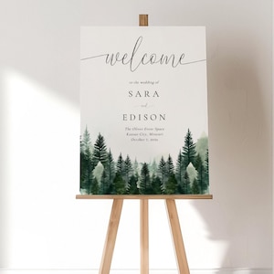 Wedding Welcome Sign With Pine Trees Template, Woodland Wedding, Spruce Forest, Winter Wedding Poster, DIY Editable Instant Download- SS013