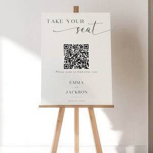 QR code Wedding Seating Chart, Take Your Seat Sign Template, Your Seat Awaits Sign, Reception Welcome Sign, Editable Instant Download- SS010