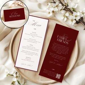 Burgundy Old Money Wedding Menu And Placecard Bundle Template, Welcome And Thank You Place Card With QR codes, Instant Download SS036