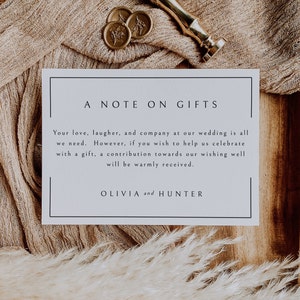 A Note on Gifts Wedding Invitation Enclosure Card Template, Honeymoon Fund Card Template, Wishing Well, Editable Instant Download- SS005