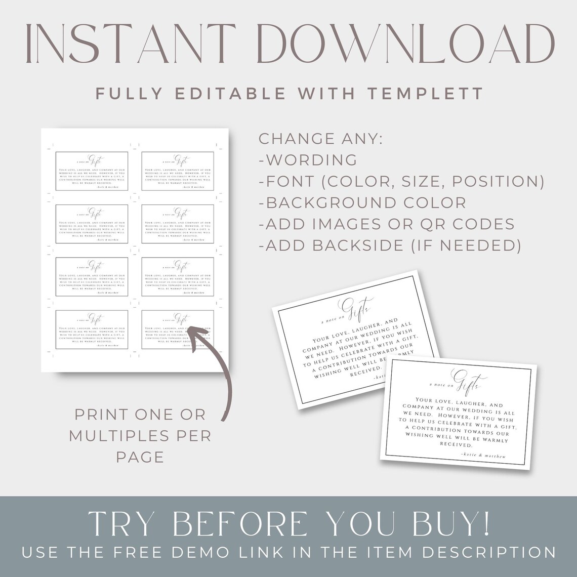 A Note on Gifts Wedding Invitation Enclosure Card Template, Honeymoon ...