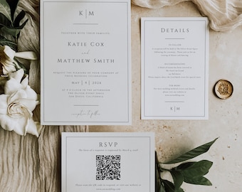 Pode incluir: Um conjunto de convites de casamento com fundo branco e texto preto. O convite apresenta os nomes Katie Cox e Matthew Smith, a data 4 de maio de 202X e o local The Oliver Event Space, San Diego, Califórnia. O cartão RSVP inclui um código QR e o site www.ourwedding.com.