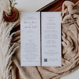 May include: A wedding program with a white background and black text. The program includes the names of the bride and groom, Olivia Anne and Hunter Scott, the wedding date, 9.2.2X, and the location, Kansas City. The program also includes the names of the wedding party, the ceremony order, and a QR code to see photos of the couple.