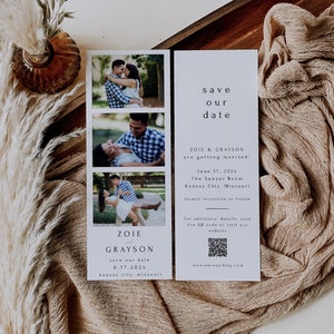 Save The Date Template Photo Strip, Photo Strip Save The Date, QR code Photo Strip, Modern Minimalist, DIY Editable Instant Download- SS004