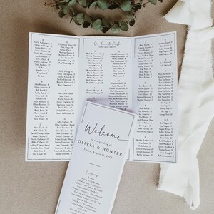 Trifold Wedding Program Seating Chart Template, Alphabetical Seating, Infographic Timeline, Share The Love QR code, Editable Download- SS005