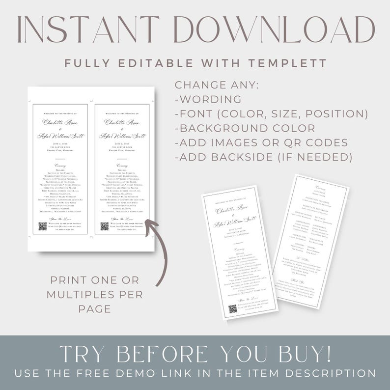 One Page Wedding Program Template, QR Code for Photos, Catholic ...