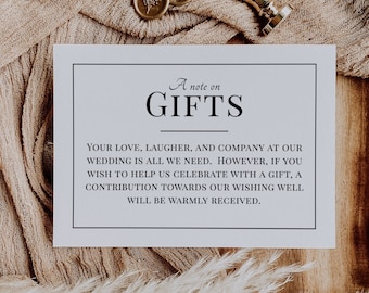 A Note on Gifts Wedding Invitation Enclosure Card Template, Honeymoon Fund Card Template, Wishing Well, Editable Instant Download- SS001