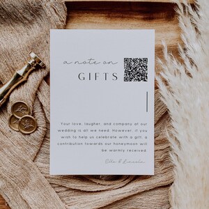 Custom Invitation Enclosure Card Template, A Note On Gifts Insert, QR code Card For Registry, Honeymoon Fund Editable Instant Download SS021