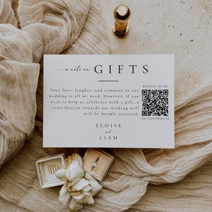 Registry QR code, A Note On Gifts, Wedding Registry Insert Card, QR code Bridal Shower, Cash Gift, Editable Template Instant Download- SS006