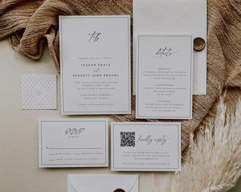 Minimalist Wedding Invitation Suite With QR code, Monogram Invitation Set, Elegant Script, RSVP And Details, Editable Instant Download SS024