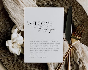 May include: A white card with black text that reads "WELCOME + Thank you". The text continues with a message thanking guests for attending the wedding and wishing them well. The card is signed "All our love, SOPHIE JACKSON".