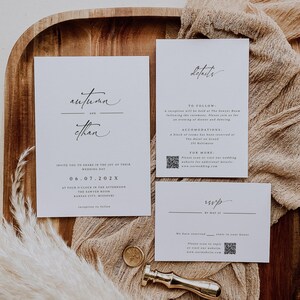 Modern Wedding Invitation Suite With QR code, Formal Wedding Invite Set, RSVP And Details Card, DIY Editable Template Instant Download SS019
