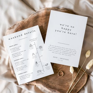 Wedding Events Card Template, Weekend Timeline With Icons, Guest Welcome Card, Hotel Welcome Bag Tag, DIY Editable Instant Download- SS004