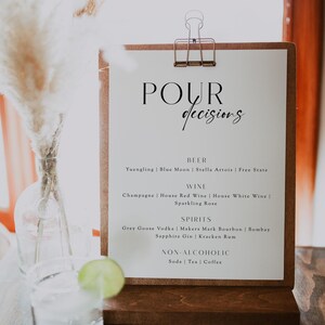 Wedding Bar Menu Sign Template, Cash Bar Sign, Open Bar Menu, Beer And Wine Menu, Pour Decisions Bar Sign, Editable Instant Download- SS020