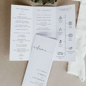 May include: A wedding ceremony program with a white background and black text. The program includes the order of events for the ceremony, a schedule of events, and a welcome message for the wedding of Emma and Jackson. The wedding is taking place on June 6, 202X in Kansas City, Missouri.