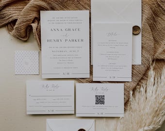 Modern Wedding Invitation Suite With QR code, Minimalist Wedding Invite Set, Simple Monogram, DIY Editable Template Instant Download- SS023