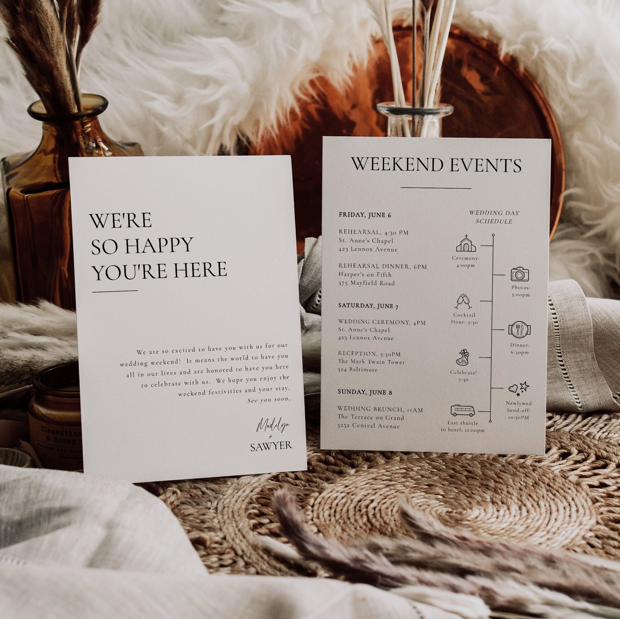 Wedding Events Card Template, Weekend Timeline With Icons, Minimalist ...