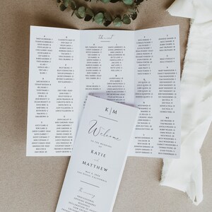 Trifold Wedding Program Seating Chart Template, Minimalist Alphabetical Seating Plan, Infographic Itinerary, Editable Instant Download SS003