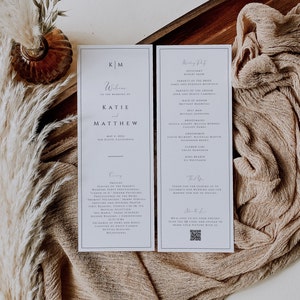 May include: A white wedding program with a black border. The program includes the names Katie and Matthew, the date May 4, 2028, and the location San Diego, California. The program also includes the names of the wedding party, the officiant, and the order of the ceremony.