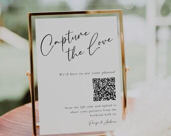 Capture The Love QR code Sign Template, QR code Wedding Photo Album, Guest Photo Sharing, Share The Love, Editable Instant Download- SS015