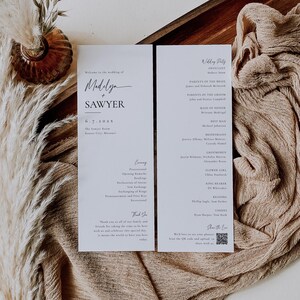 May include: A wedding programme with a white background and black text. The programme lists the wedding ceremony order, the wedding party, and the parents of the bride and groom. The programme also includes a QR code for guests to share photos from the wedding.
