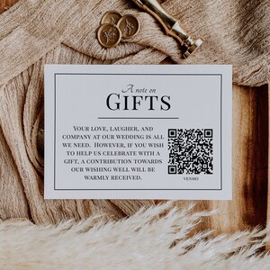 A Note on Gifts Wedding Invitation Enclosure Card Template, Honeymoon Fund Card Template, Wishing Well QR, Editable Instant Download- SS001