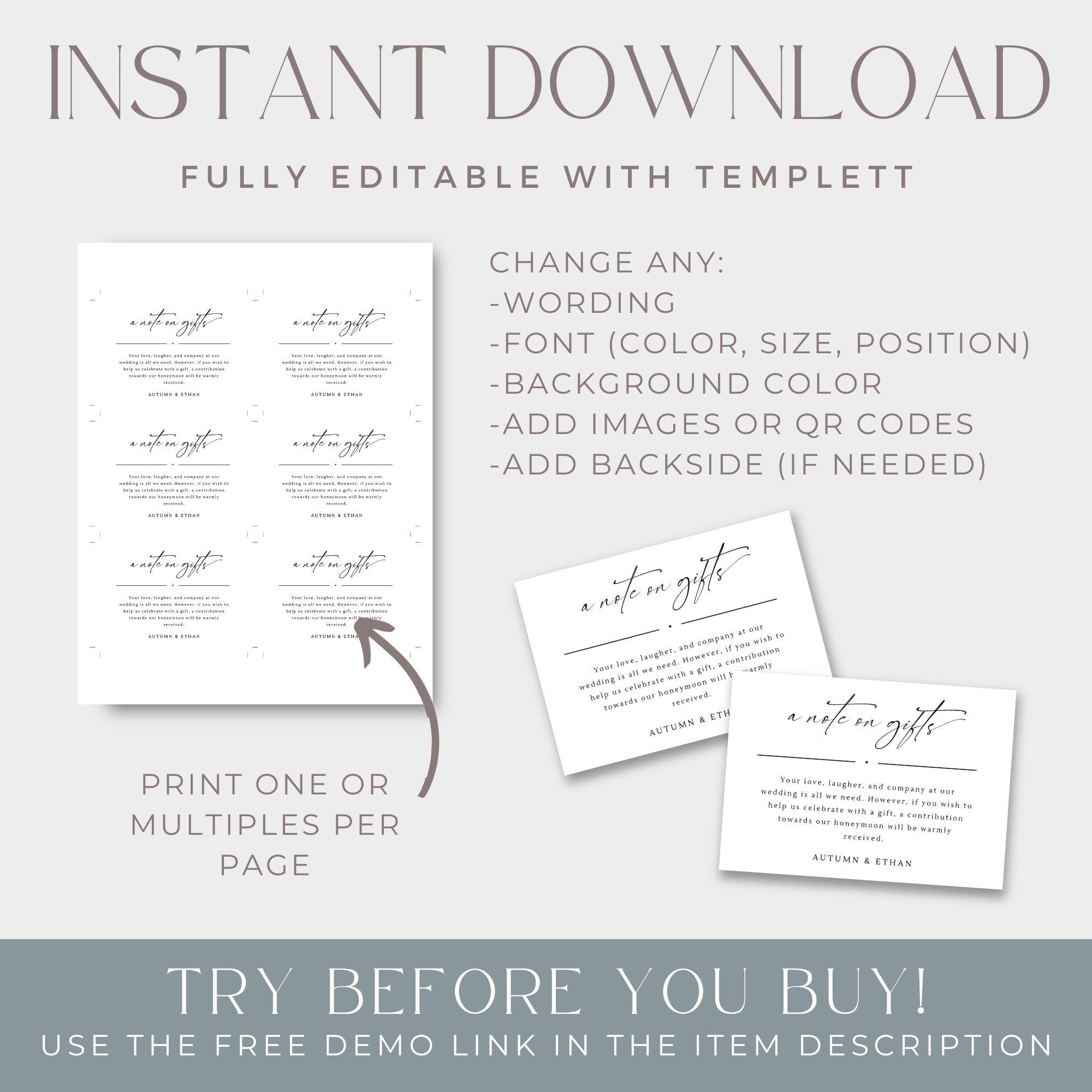 Gift Note Insert Custom Invitation Enclosure Card, A Note on Gifts Template, Wedding ...