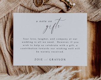 Note On Gifts Card Template, Honeymoon Fund Card Template, Wishing Well Card, Modern Minimalist Insert, DIY Editable Instant Download- SS004