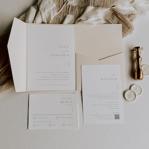 May include: A wedding invitation suite with a cream and beige color scheme. The invitation features the names "Elle and Lincoln" in a minimalist font. The RSVP card includes a section for guests to indicate their attendance and meal preferences. The details card includes the date, time, and location of the wedding, as well as information about the reception and accommodations.