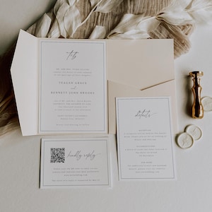 May include: A folded wedding invitation suite with a cream background and black text. The front panel features the text "T+B" and the names "Teagan Grace and Bennett John Brooks". The second panel includes the details of the wedding ceremony and reception, including the date, time, and location. The third panel has a QR code and the text "Kindly Reply".