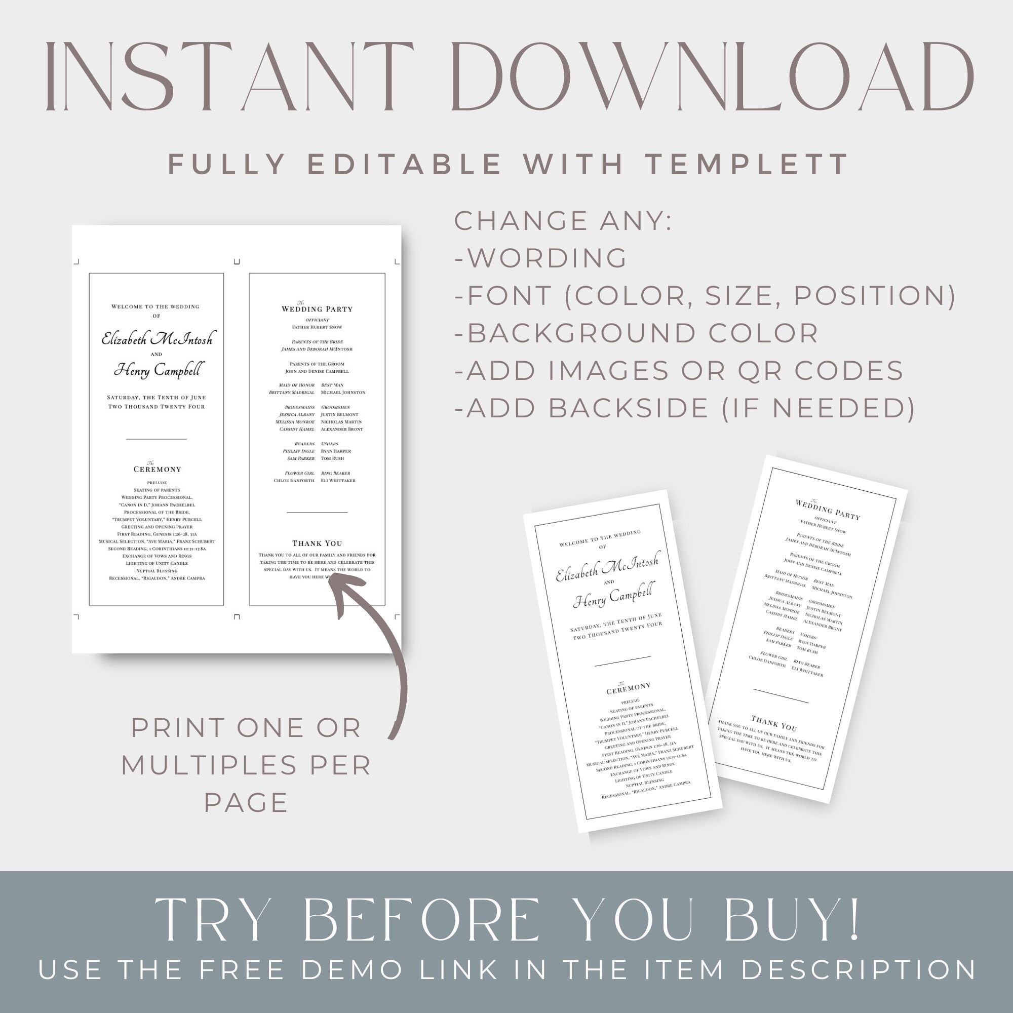 Wedding Ceremony Program One Page, Program Template, Printable Program ...