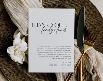May include: A white thank you card with black text. The card reads "Thank You family & friends" and includes a message thanking guests for attending the wedding. The card is signed "Sophie Jackson" and the date "June 7, 2023".