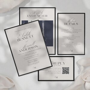 Könnte beinhalten: Elegantes Hochzeitskarten-Set mit klassischem Design. Das Set umfasst Einladungen, Details und Antwortkarten, alle mit schwarzen Rahmen und einem minimalistischen Layout. Der Text enthält die Namen Elizabeth Bennett und Maxwell Anderson.
