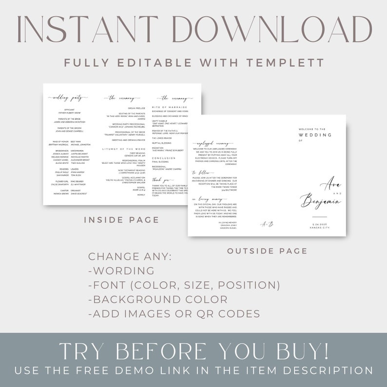 Tri Fold Wedding Program Template, Wedding Pamphlet Template, Church