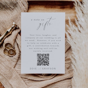 QR code Gift Registry Card, A Note On Gifts, Modern Bridal Shower Insert, Honeymoon Fund Cash Gift, Editable Template Instant Download SS004