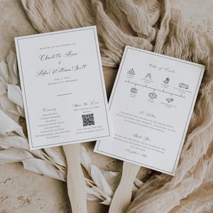 Puede incluir: Un abanico de programa de boda blanco con texto negro. El lado frontal del abanico tiene los detalles de la ceremonia de boda y un código QR. El lado posterior del abanico tiene el orden de los eventos y un mensaje de agradecimiento. El texto en el abanico dice: "Bienvenido a la boda de Charlotte Anne & Asher William Scott 7 de junio de 2023 Kansas City, Missouri" y "Código de eventos Ceremonia Procesión Palabras de apertura Lectura de la intención Declaración de la intención Votos Intercambio de anillos Pronunciamiento y primer beso Recesión Muestra el amor ¡Nos encantaría ver tu foto! Escanea el código QR y súbelo para compartirlo con nosotros! La continuación Una recepción se llevará a cabo en The Oliver Event Space después de la ceremonia. Únase a nosotros para una velada de cena y baile. Gracias Gracias por unirse a nosotros para celebrar nuestra boda y por hacer que nuestro día sea tan especial. Charlotte & Asher"