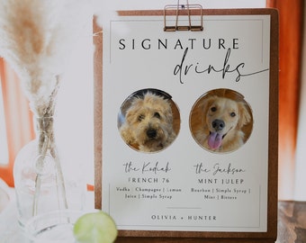 Wedding Bar Sign Template With Dogs, Signature Drinks Menu, Pet Photos Signature Cocktails, Modern Wedding Sign, Editable Download- SS005