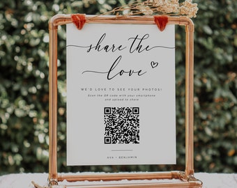 QR code Wedding Photo Album, QR code Wedding Photos Sign, Share The Love, Capture The Love, Photo Sharing Sign Template, DIY Editable- SS002